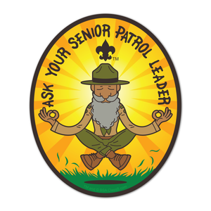 Vibrant meditative scout leader design with a golden background and Ask Your Senior Patrol Leader text Sticker Vibrant meditative scout leader design with a golden background and Ask Your Senior Patrol Leader text Sticker