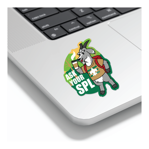 Ask Your SPL text with Playful goat design in scout uniform with bright, vibrant colors that pop sticker Ask Your SPL text with Playful goat design in scout uniform with bright, vibrant colors that pop sticker