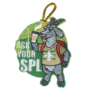 Ask Your Senior Patrol Leader text with a playful goat dressed as a scout, holding a cup of coffee on a vibrant green background with a laser cut edge and button loop by ClassB Ask Your Senior Patrol Leader text with a playful goat dressed as a scout, holding a cup of coffee on a vibrant green background with a laser cut edge and button loop by ClassB