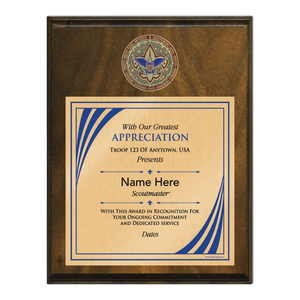 Scoutmaster Plaque with BSA Medallion on Walnut Wood