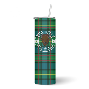 Wood Badge Tumbler with Plastic Straw with Wood Badge Buffalo Critter on Wood Badge Tartan Background