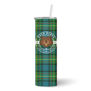 Wood Badge Tumbler with Plastic Straw with Wood Badge Beaver Critter on Wood Badge Tartan Background