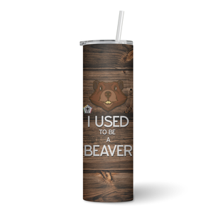 Wood Badge Tumbler with Plastic Straw with Wood Badge Beaver Critter on Wood Badge Wood Background