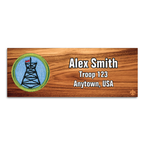 Pioneering Merit Badge Troop Name Tag on Cherry Wood Pioneering Merit Badge Troop Name Tag on Cherry Wood