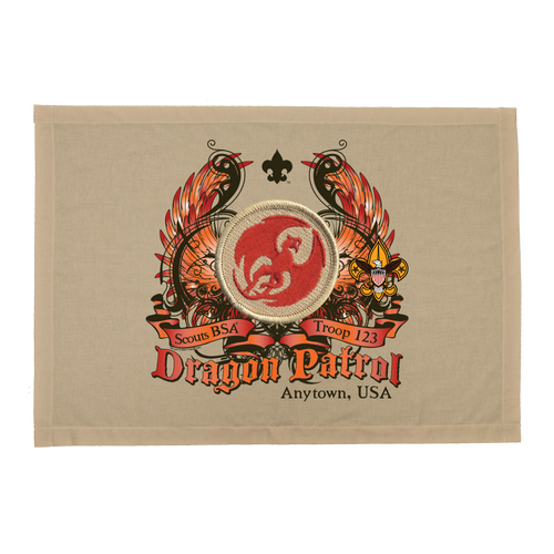 Scout Red Dragon Patrol Patch Flag with Colored Wings and Scouting America logo