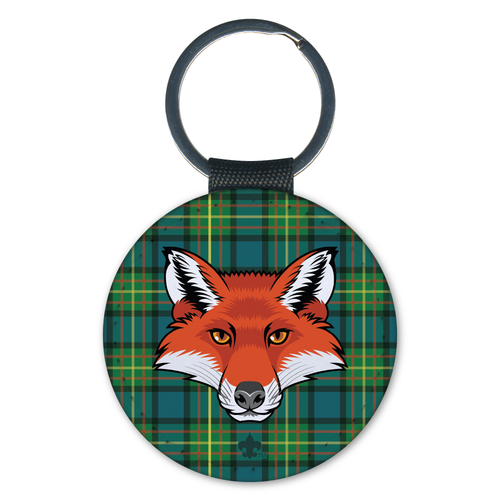 Wood Badge Keychain - Fox Critter on Tartan Background
