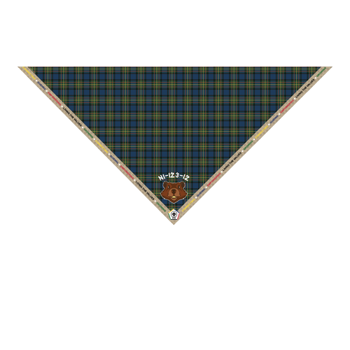 Wood Badge Neckerchief with Embroidered Wood Badge Logo and Ribbon Edge with the 5 Wood Badge central themes on a Sublimated Tartan Background with Beaver Critter and Course number