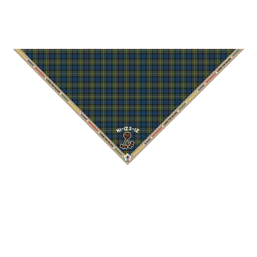 Wood Badge Neckerchief with Embroidered Wood Badge Logo and Ribbon Edge with the 5 Wood Badge central themes on a Sublimated Tartan Background with Toggle & Two Beads and Course number