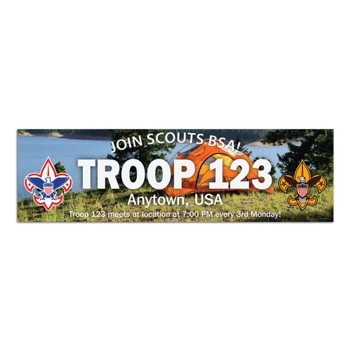 Scout Troop Recruitment Night Vinyl Banner with Scouting America logo - Lake (28" Tall x 96" wide Banner)