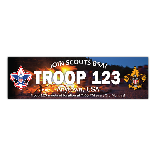 Scouts BSA Troop Recruitment Night Vinyl Banner - Campfire (28" Tall x 96" wide Banner)