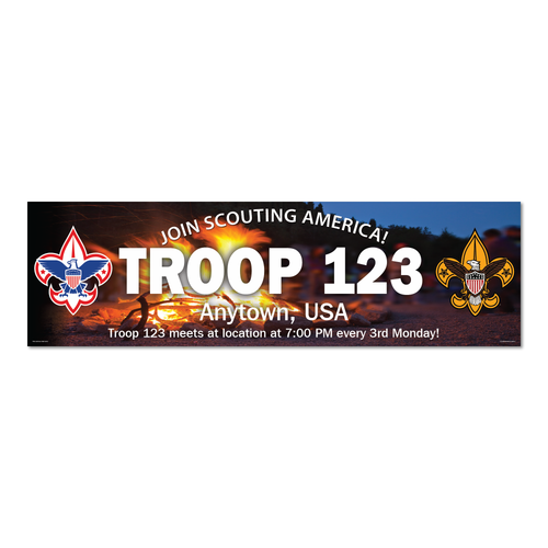 Scouting America Troop Recruitment Night Vinyl Banner - Campfire (28" Tall x 96" wide Banner)