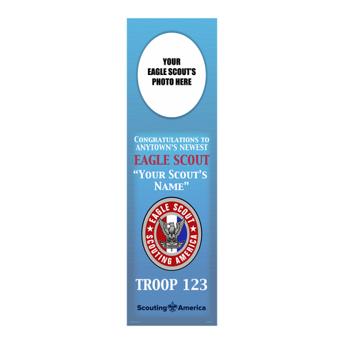 Eagle Scout Banner with Eagle Scout Logo with Scouting America logo and Custom Photo Text (28" Tall x 96" wide Banner)