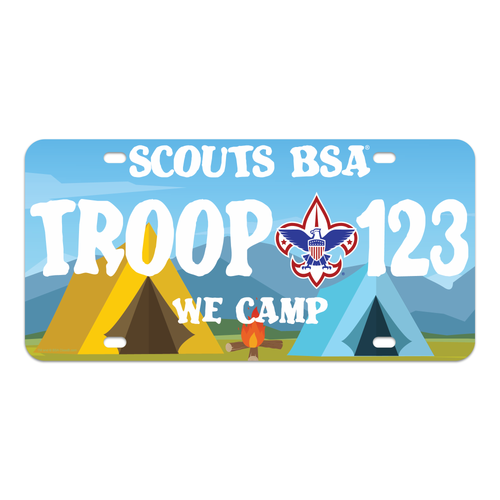 Scouting License Plate Scouts We Camp with Scouting America logo