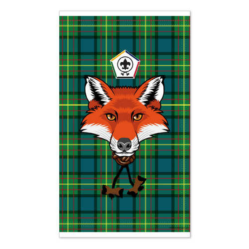 Wood Badge Neck Gaiter with Wood Badge Fox Critter and Wood Badge Beads on Wood Badge Tartan Pattern Neck Gaiter