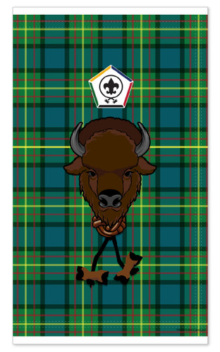 Wood Badge Neck Gaiter with Wood Badge Buffalo Critter and Wood Badge Beads on Wood Badge Tartan Pattern Neck Gaiter