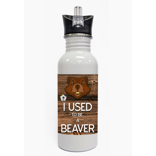 Wood Badge Water Bottle With Wood Badge Beaver Critter and Wood Badge Logo - Front View