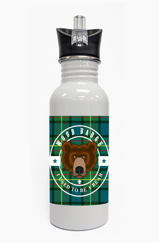 Wood Badge Water Bottle  with Wood Badge Bear Critter on Wood Badge Tartan Background 