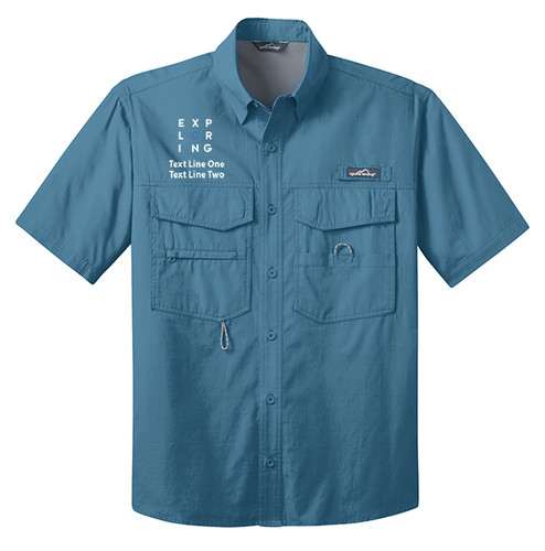 Mens Short Sleeve Fishing Shirt with Exploring Logo - Blue