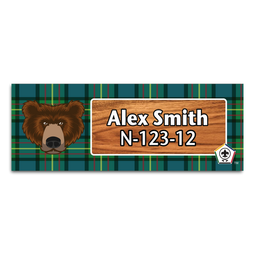 Wood Badge Name Tag with Wood Badge Bear Critter on Wood Badge Tartan Background and Wood Badge Logo