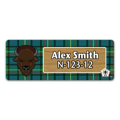 Wood Badge Name Tag with Wood Badge Buffalo Critter on Wood Badge Tartan Background and Wood Badge Logo - Cherry Wood