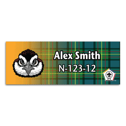 Wood Badge Name Tag with Wood Badge Bobwhite Critter on Wood Badge Tartan Background with Wood Badge Logo