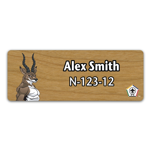 Wood Badge Name Tag with Wood Badge Antelope Critter and Wood Badge Logo - Cherry Wood