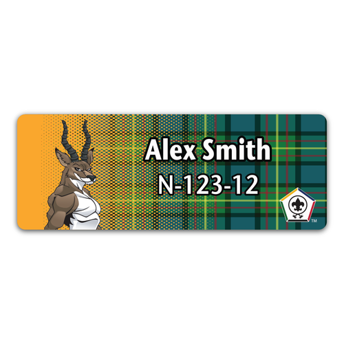 Wood Badge Name Tag with Wood Badge Antelope Critter on Wood Badge Tartan Background and Wood Badge Logo