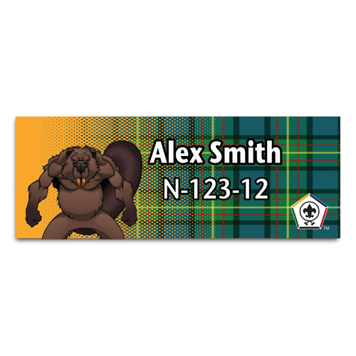 Wood Badge Name Tag with Wood Beaver Critter on Wood Badge Tartan Background and Wood Badge Logo