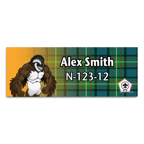 Wood Badge Name Tag with Wood Badge Bobwhite Critter on Wood Badge Tartan Background and Wood Badge Logo