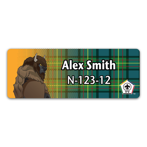Wood Badge Name Tag with Wood Badge Buffalo Critter on Wood Badge Tartan Background and Wood Badge Logo
