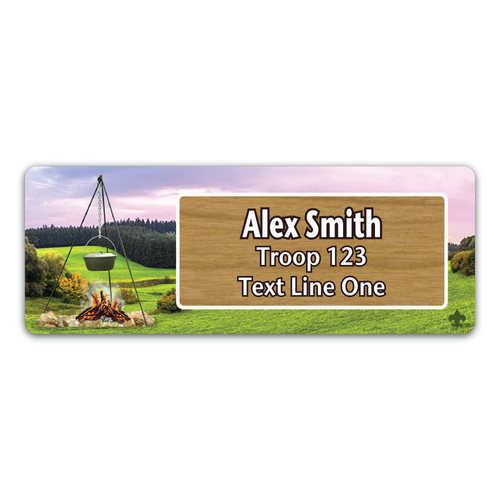 Troop Dutch Oven Name Tag with Scouting America fleur-de-lis on Cherry Wood