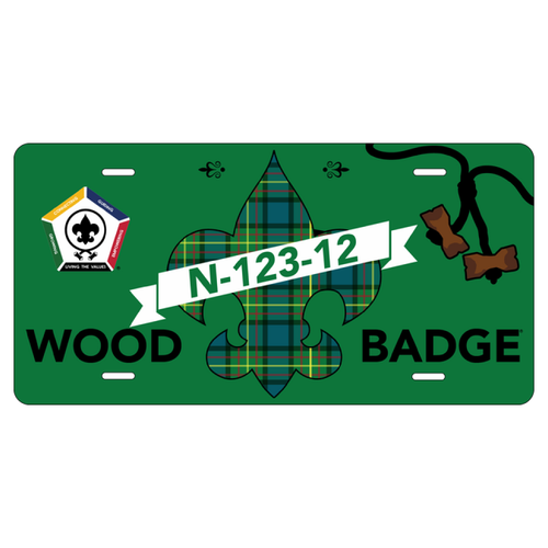 Wood Badge License Plate with Wood Badge Tartan Background, Wood Badge Beads and Wood Badge Course Number