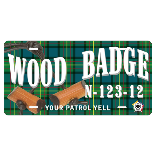 Wood Badge License Plate with Wood Badge Tartan Background, Wood Badge Beads and Wood Badge Course Number
