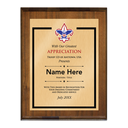 Scouting Appreciation Plaque with Scouting America Logo - Border Design - Vertical - Dark Cherry Wood