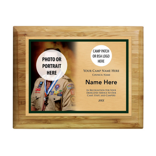Scouting America Camp Volunteer Plaque - Left Photo Design - Horizontal - Light Wood