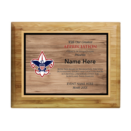 Council Event Coordinator Plaque with Scouting America Logo -Wood Grain Design - Horizontal - Light Wood