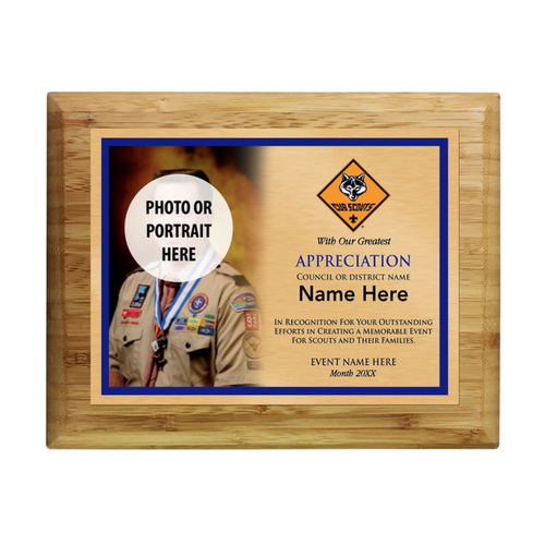 Council Event Coordinator Plaque with Cub Scout Scouting America Logo - Left Photo Design - Horizontal - Light Wood