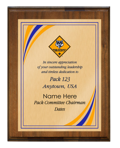 Pack Committee Chairman Plaque with Cub Scout Scouting America Logo - Stripes Design - Verticalo - Dark Wood