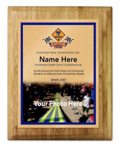 Pinewood Derby Plaque with Cub Scout Scouting America Logo - Bottom Photo Design - Vertical - Light Wood