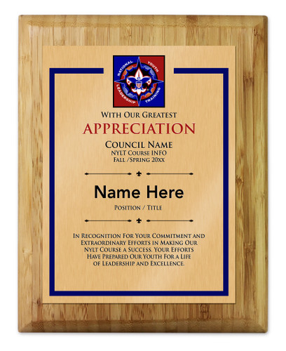 Scouts BSA NYLT Plaque with NYLT Logo - Light Wood 