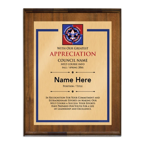 NYLT Plaque  with Scouting America logo - Dark Walnut Wood