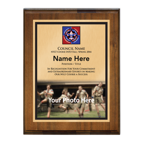 NYLT Plaque - Bottom Photo Design - Vertical with Scouting America logo - Walnut Wood