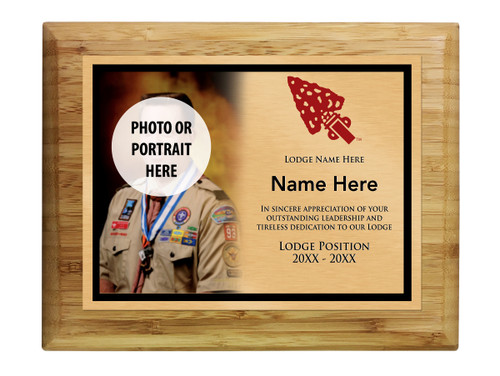 Order of the Arrow Plaque - Left Photo Design - Vertical - Light Wood