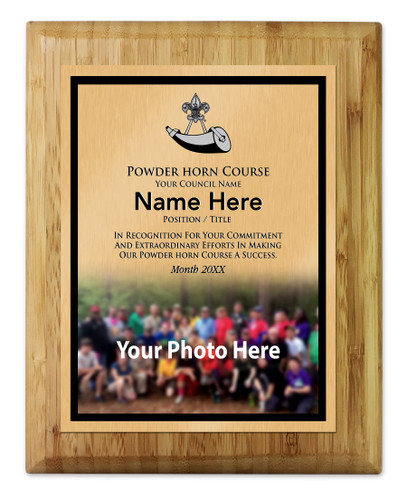 Powder Horn Plaque - Bottom Photo Design - Vertical with Scouting America Logo - Light Wood