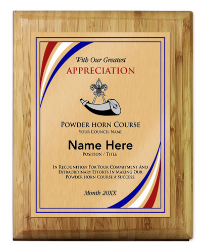 Powder Horn Plaque - Stripes Design - Vertical with Scouting America Logo - Light Wood