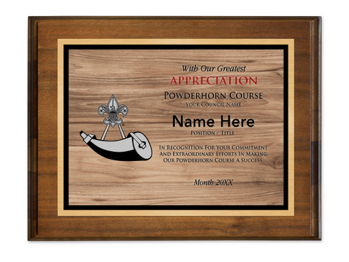Powder Horn Plaque - Wood Grain Design - Horizontal - Scouting America Logo - Light Wood