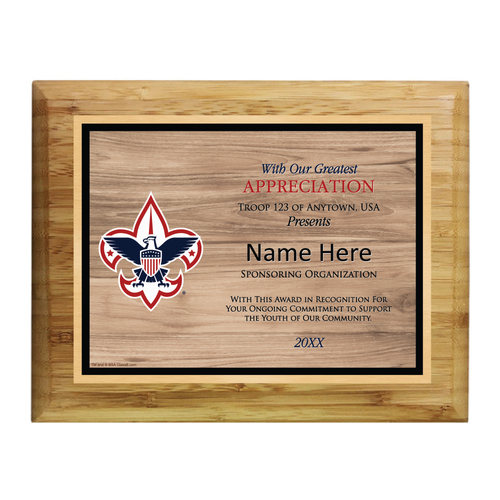 Scout Troop Sponsor Plaque with Scouting America Logo - Wood Grain Design - Horizontal - Bamboo Wood