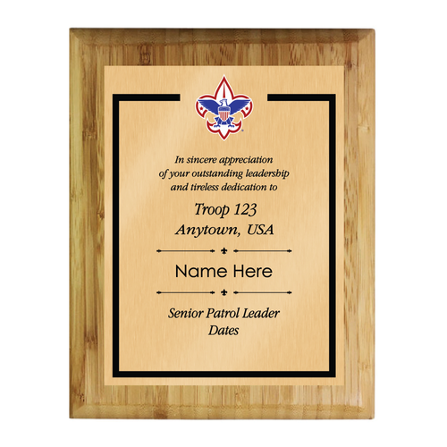 Senior Patrol Leader Plaque with Scouting America Logo - Border Design - Vertical - Bamboo Wood - Light Wood