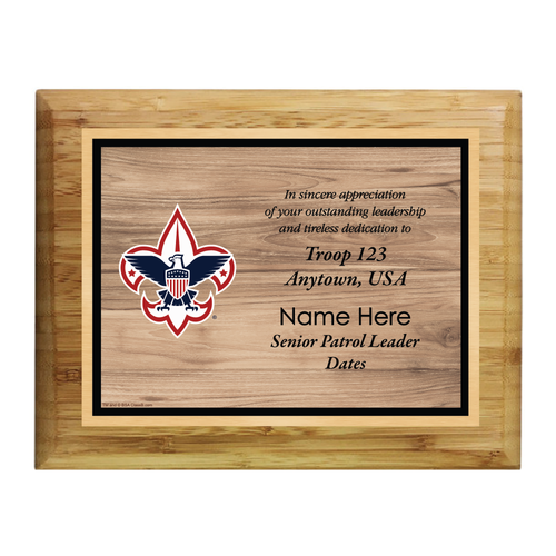 Senior Patrol Leader Plaque with Scouting America Logo - Wood Grain Design - Horizontal - Bamboo Wood