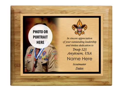 Scoutmaster Plaque with Scouting America Logo - Left Photo Design - Horizontal - Light Wood